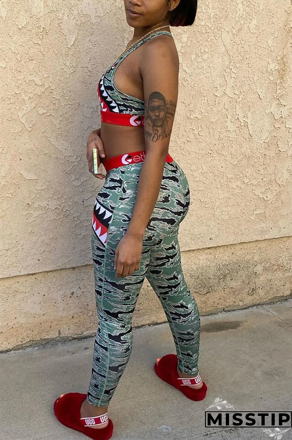 Yellow Fashion Sexy Printed Vest Trousers Set