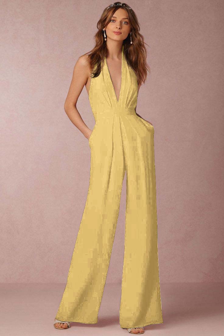 Hidais Stylish Black Halter Sleeveless High Waist Long Wid-Leg Jumpsuit with Pleated