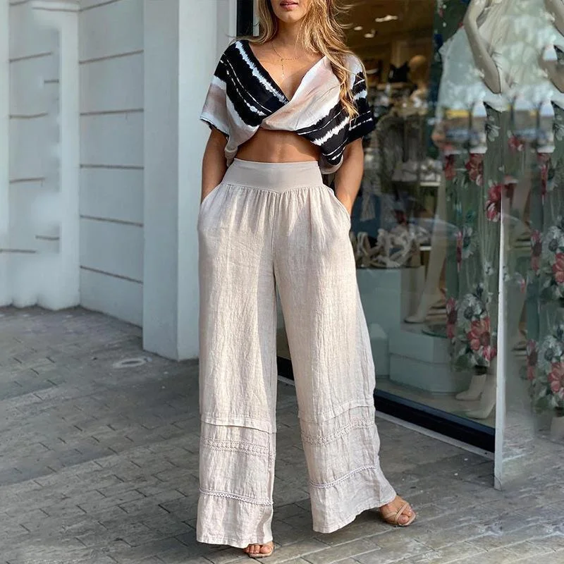 Summer women's V-neck sexy short straight leg pant suit