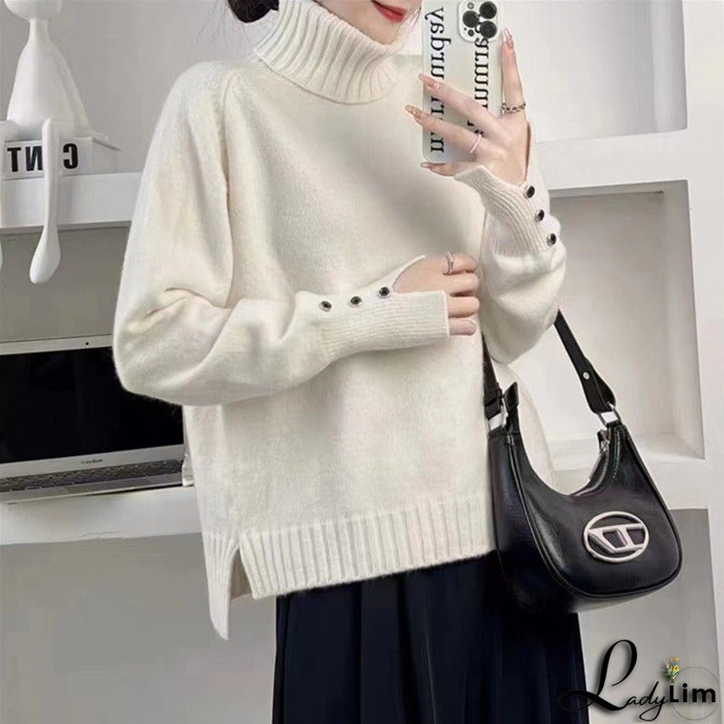 Knitted shirt with double neck pullover and long sleeves with split hem