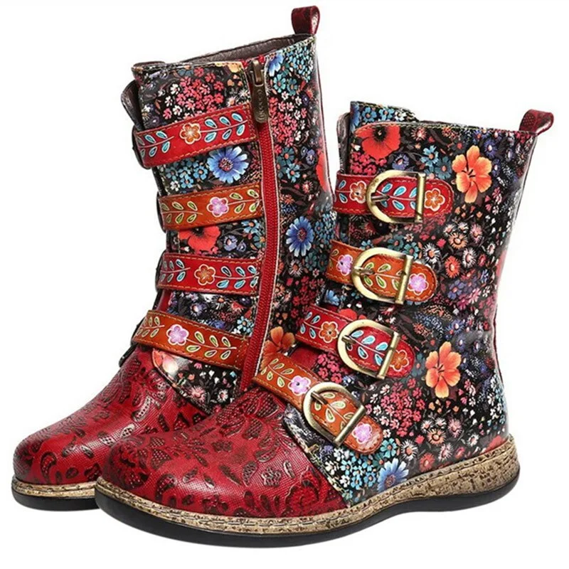 Big size Ethnic Fashion Women Boots Retro Floral Printed Women Shoes Vintage Ankle Boots PU Leather Buckle European Short Boot