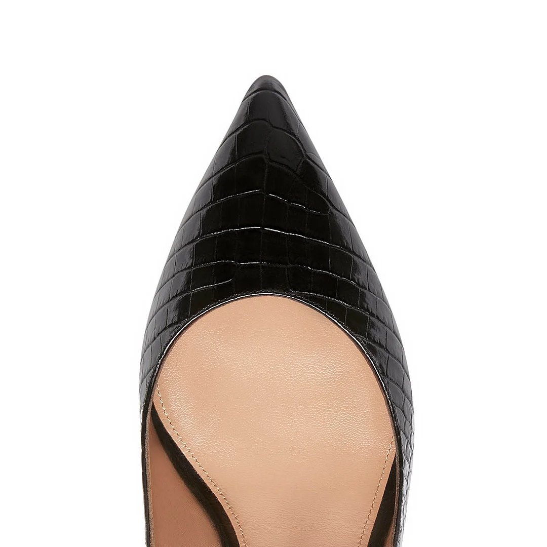 Black Faux Leather Stiletto Heel Slingback Croc Embossed Pumps Shoes