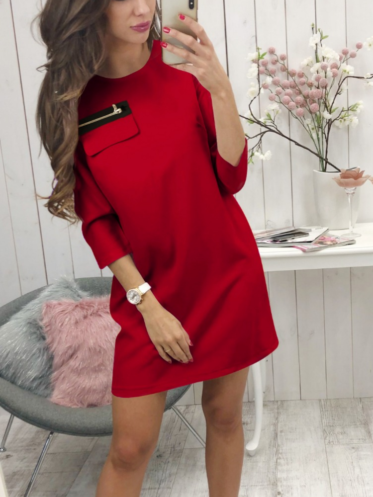 3/4 Sleeve Zipper Appliqued Round Neck Sexy Causal Dresses