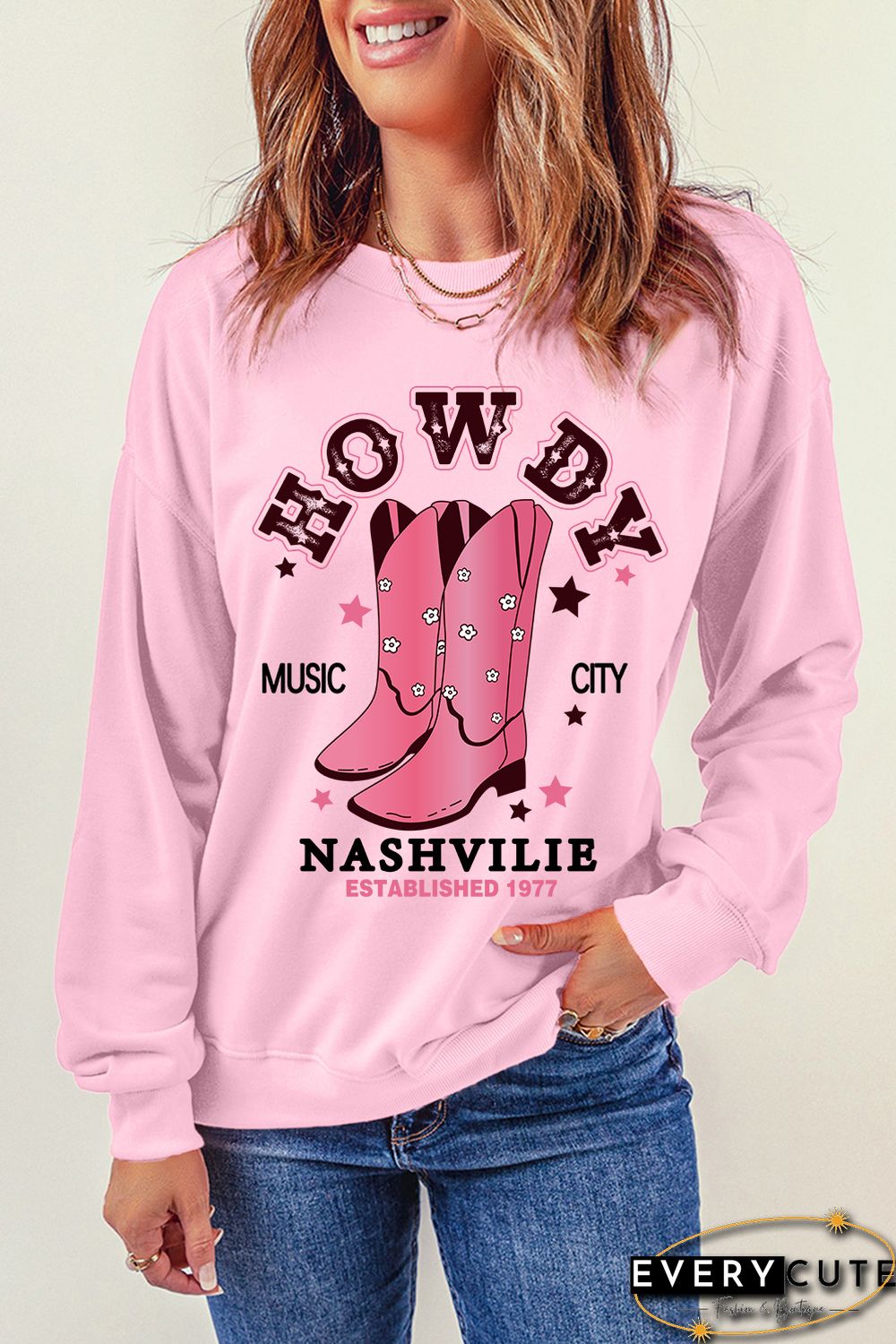 Pink HOWDY NASHVILLE Vintage Western Graphic Sweatshirt