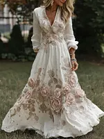 Women's Retro Pink Rose Embroidered Art V-neck Long Sleeve Midi Dress