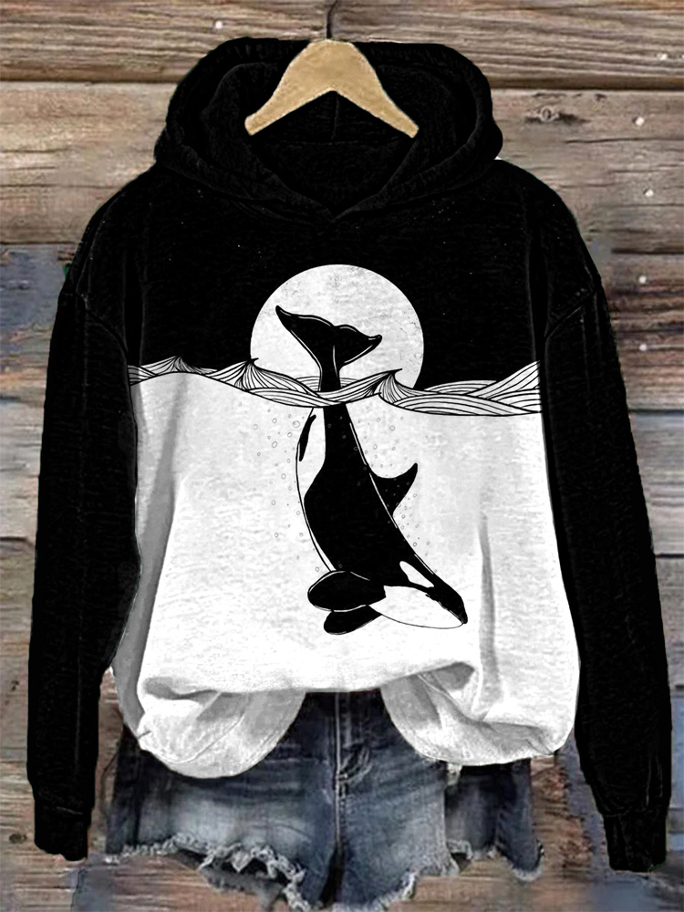 Whale Print Casual Hoodie  artssus