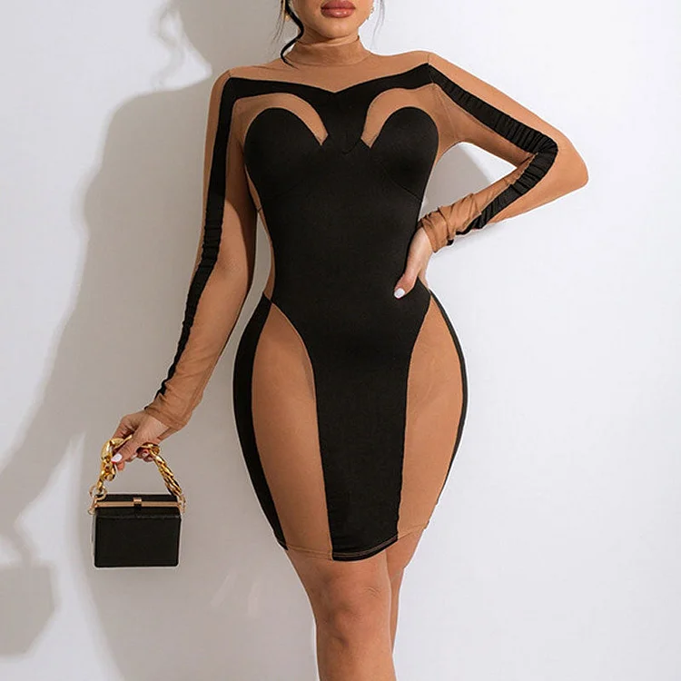 Colorblock Long Sleeve Sheer Mesh Bodycon Dress - IRBOOM Fashion Clothing