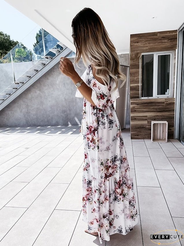 Casual Dress Swing Dress Long Dress Maxi Dress Red flower Apricot flower Short Sleeve Flower Spring Summer Off Shoulder S M L XL 2XL for Women