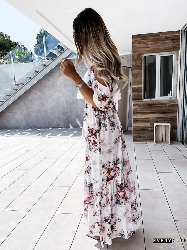Casual Dress Swing Dress Long Dress Maxi Dress Red flower Apricot flower Short Sleeve Flower Spring Summer Off Shoulder S M L XL 2XL for Women