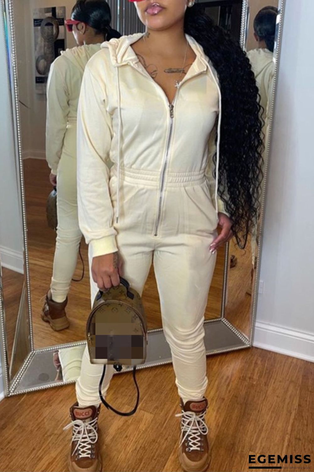 Apricot Fashion Casual Solid Patchwork Zipper Hooded Collar Regular Jumpsuits | EGEMISS