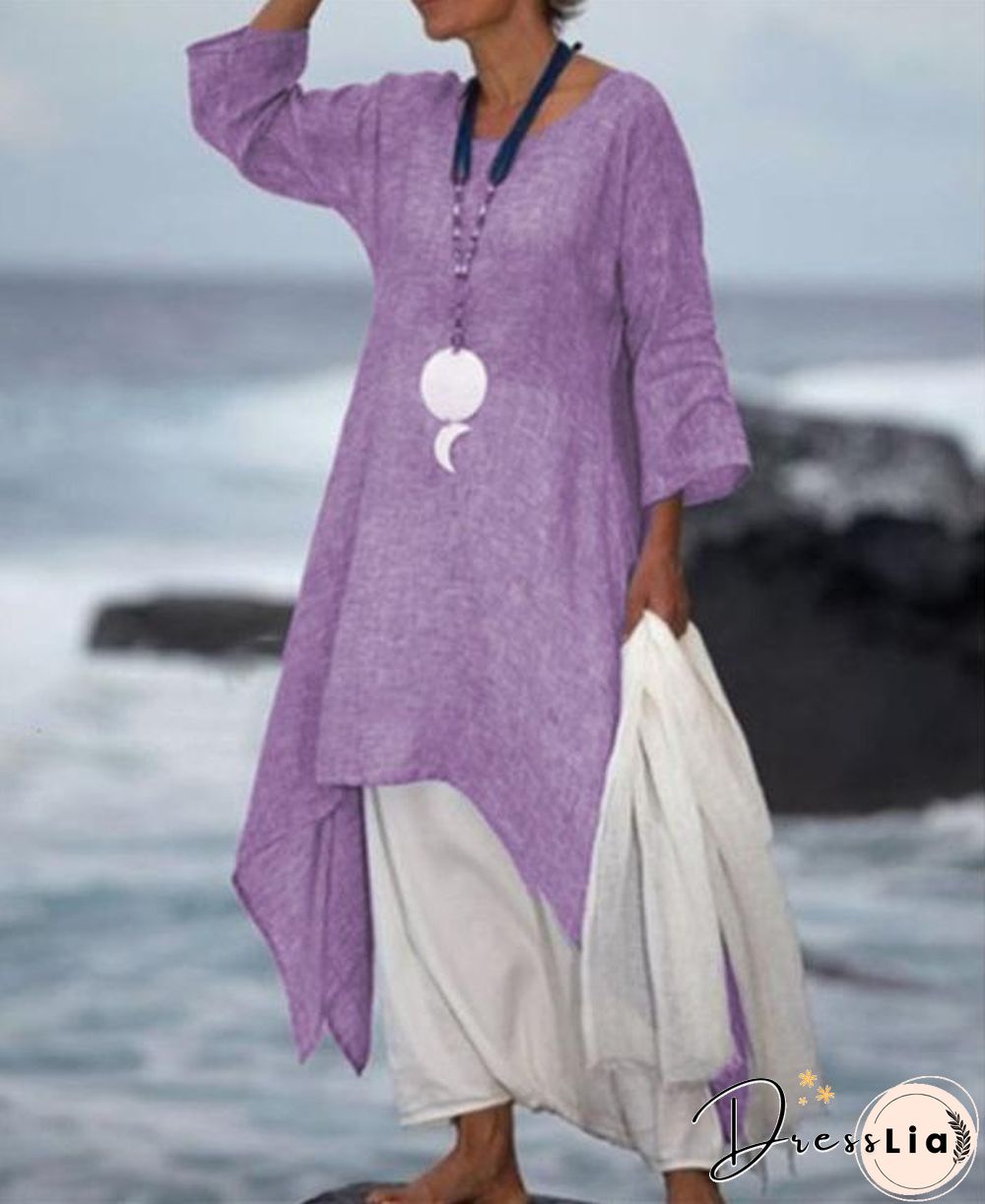 New Solid Color Linen Dress Loose Long-Sleeved Cotton Dress