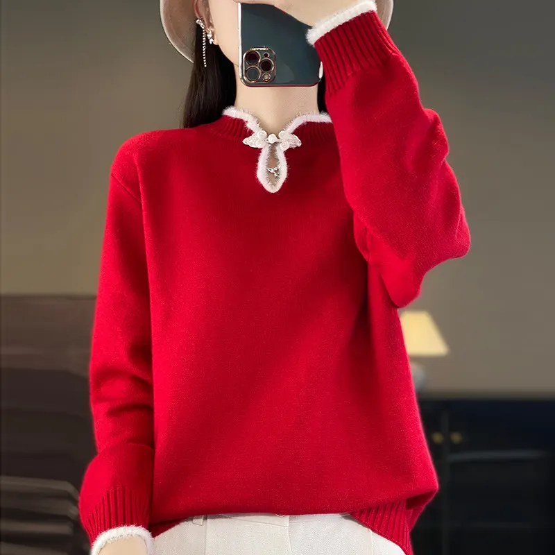 Churchf Churchf Buckle Bottom Shirt Female 2024 New Chinese Style Cheongsam Type Standing Collar Long Sleeve Foreign Style Fashion Sweater Sweater