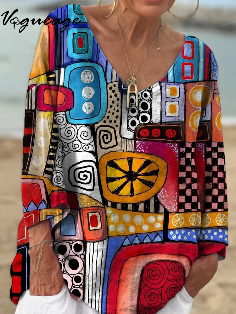Fashionable And Beautiful Colorful Creative Pattern Stitching Printed Cotton And Linen Shirt
