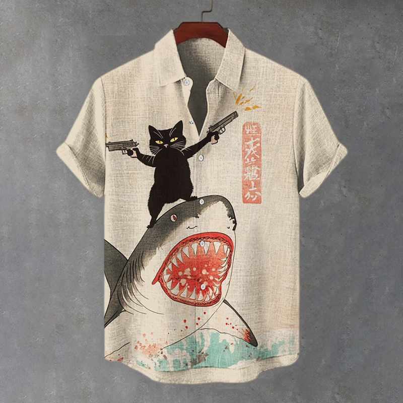 Men's Black Cat Shark Killer Japanese Style Art Print Casual Shirt