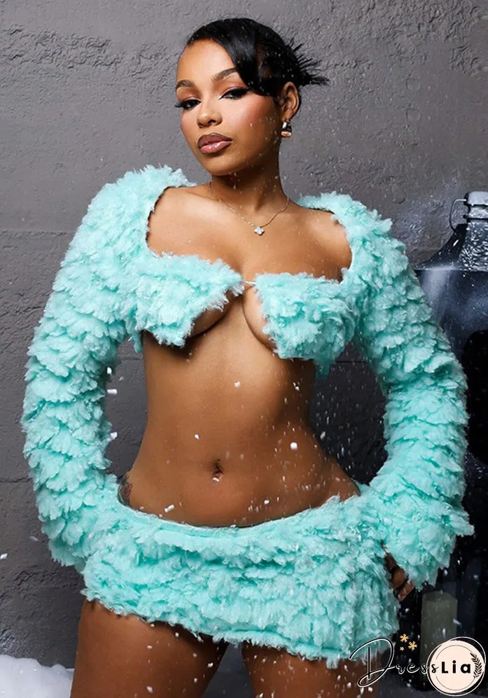 Autumn And Winter Mint Green Long Sleeve Fur Coat Short Skirt Two Piece Set