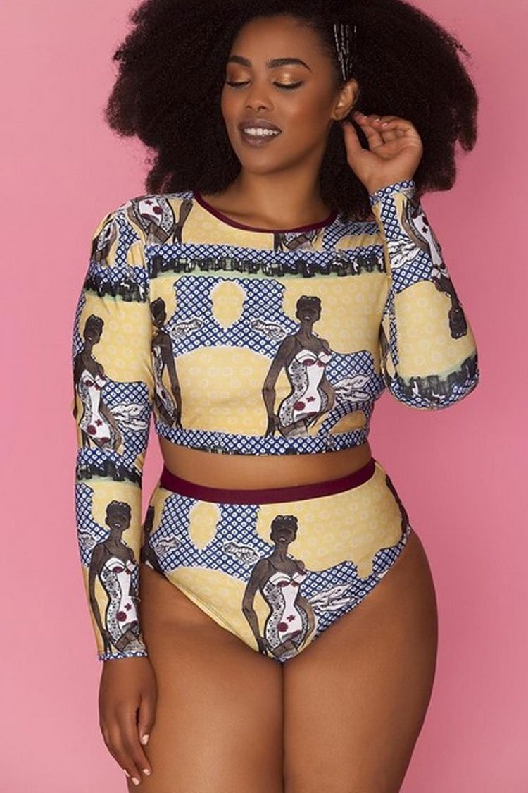 Plus Size Sexy Lady Sleeved High Waist Crop Bikini Swimsuit - Two Piece Set-elleschic