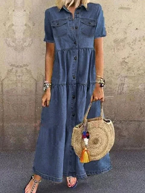 Sky Blue Denim Daily Casual Shirt Collar Short Sleeve Buttoned Pockets A-line Dresses