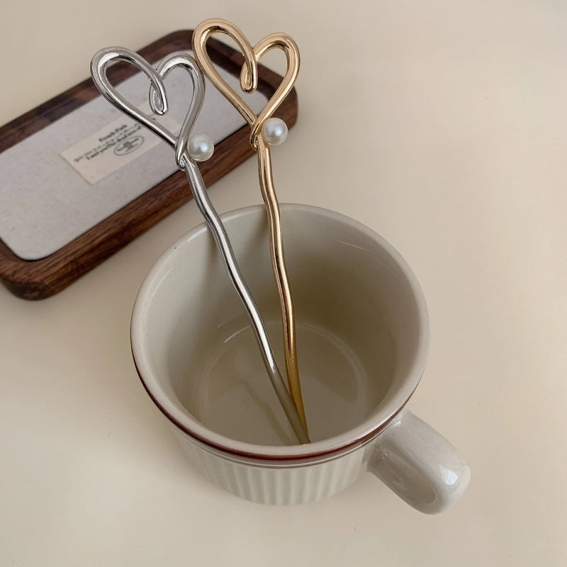 Women’s Sweet Heart Shape Alloy Inlay Pearl Hair Sticks