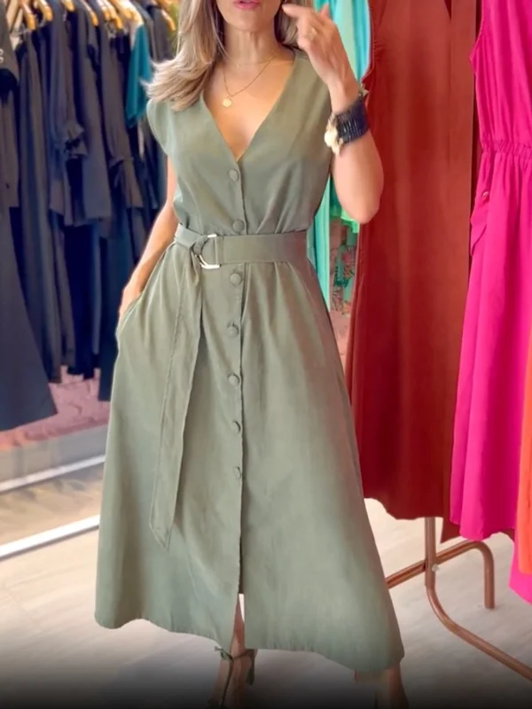 Buttoned Solid Color Loose Short Sleeves V-Neck Maxi Dresses