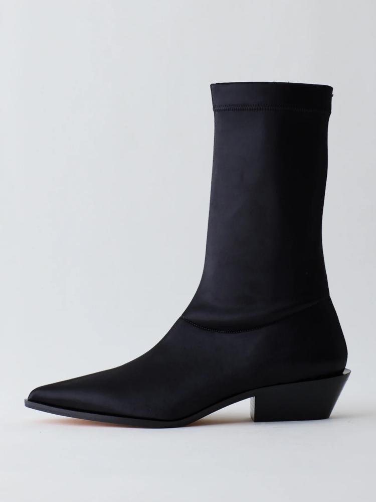 Black Smooth Elastic Low Chunky Heel Western Mid Calf Boots