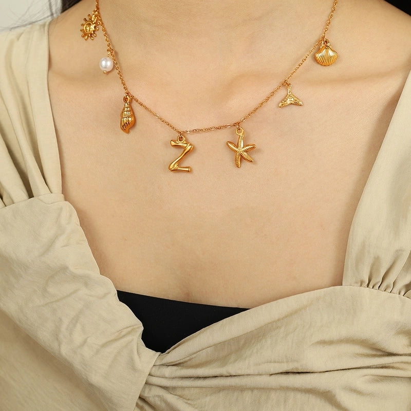 Beach Starfish 304 Stainless Steel Artificial Pearls 18K Gold Plated Polishing Inlay Pendant Necklace