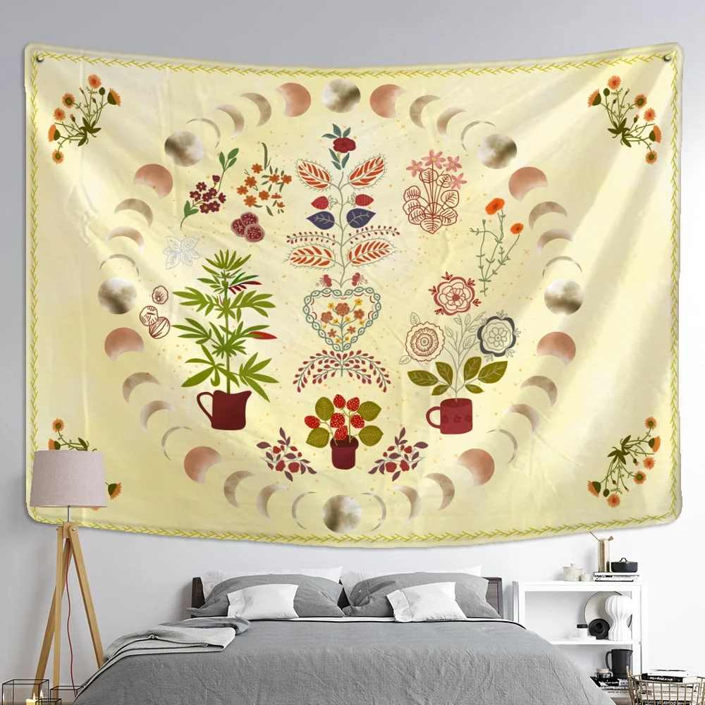 Moon Phase Tapestry Wall Hanging Plants Celestial Flowers Starry Sky Bohemian Witchcraft Hippie Home Decor