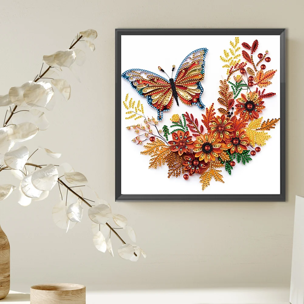 Diamond Painting - Partial Special Shaped Drill - Flower Butterfly(Canvas|30*30cm)