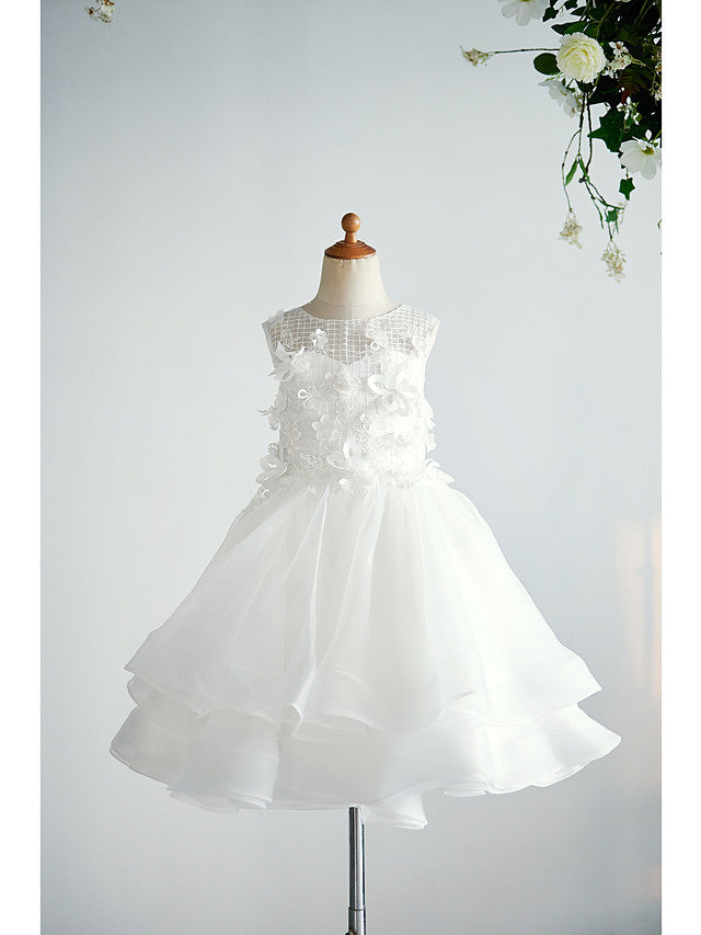 Oknass Sleeveless Jewel Neck Ball Gown Flower Girl Dress Organza Tulle  With Appliques