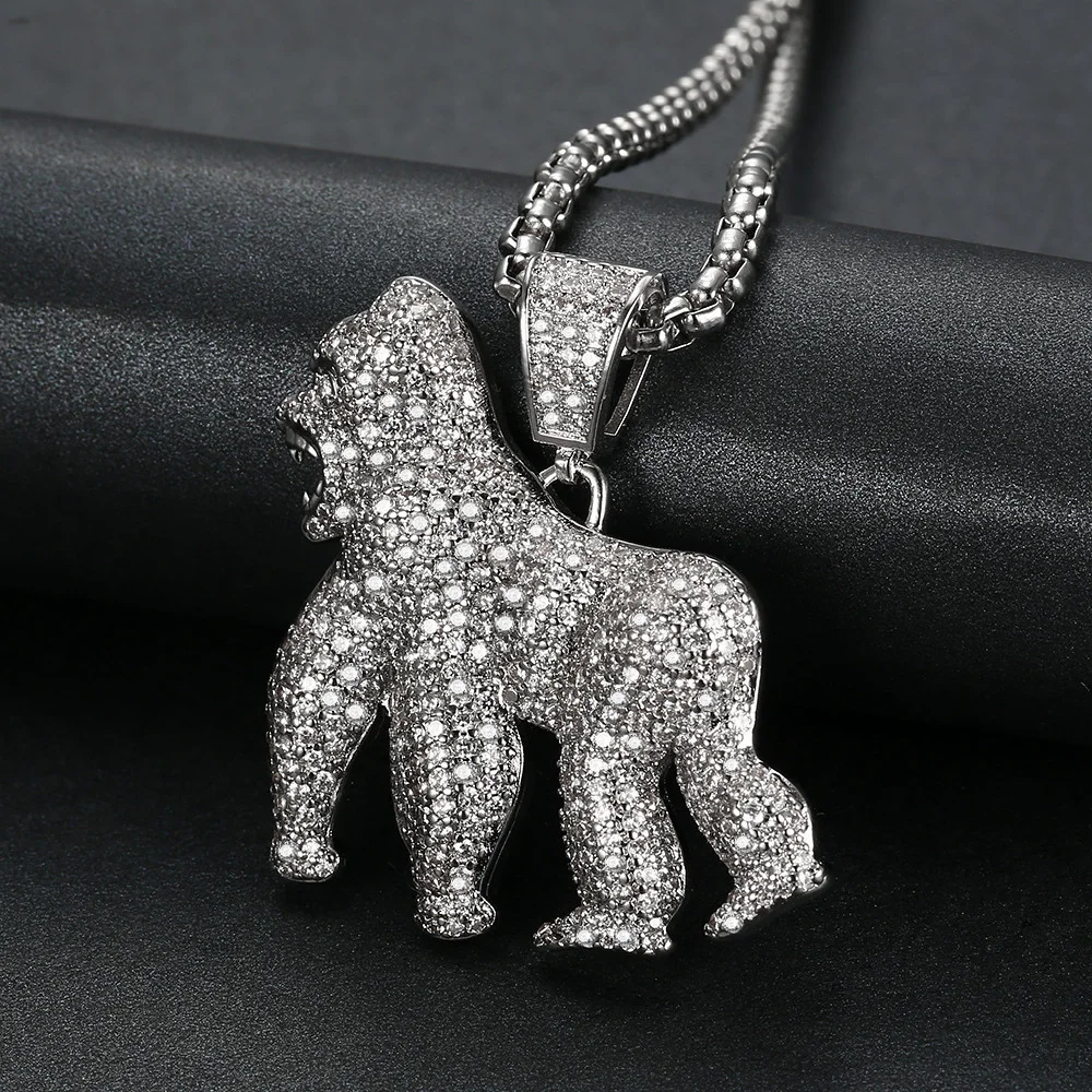 Full CZ Iced Out Gorilla Gold Sliver Black Pendant Necklace-VESSFUL