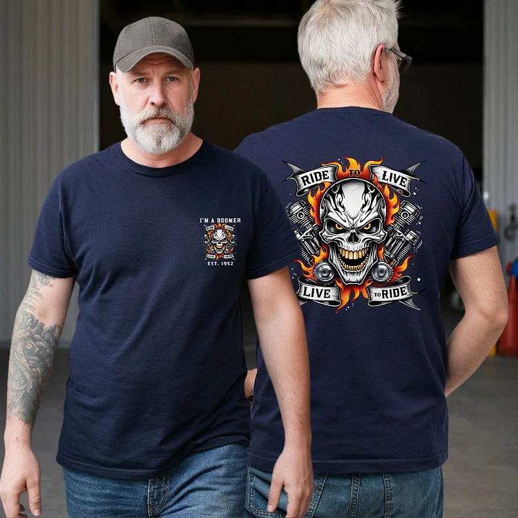 Ride to Live - Live to Ride,Boomer  T-Shirt, Hell Rider Flaming Skull Tee, Custom Year Of Birth T shirt, Cotton Tee