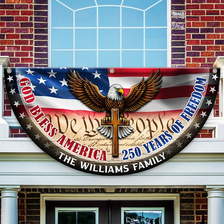 Personalized America 250th Anniversary Bunting Flag Custom Family Name God Bless America Non-Pleated Fan Flag HA75 898804