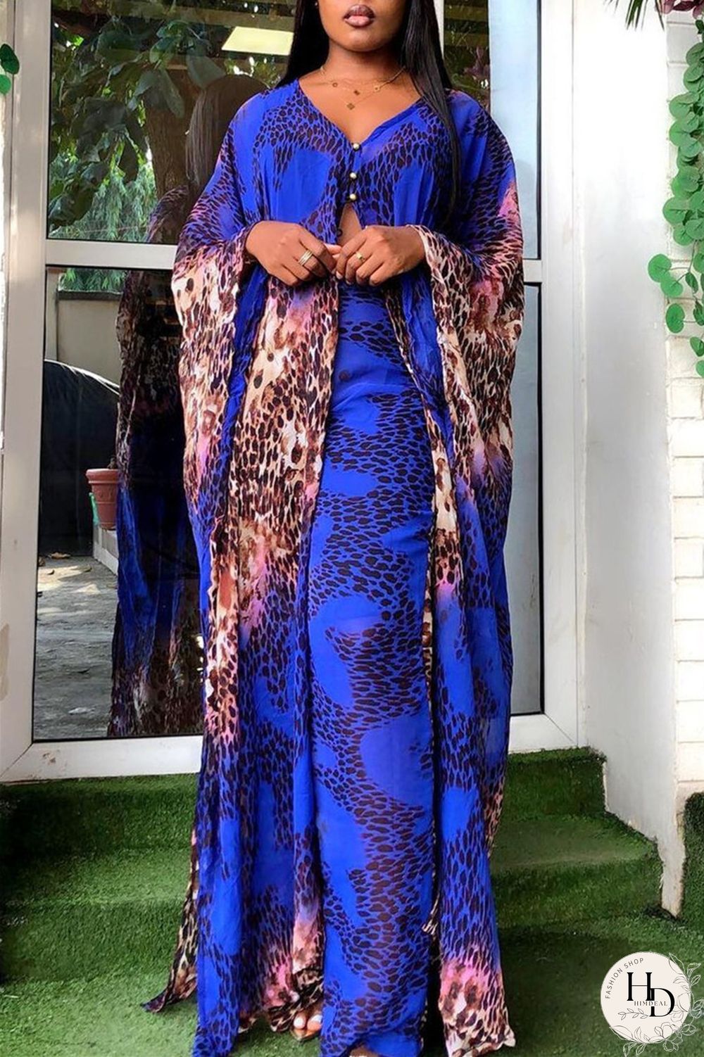 Blue Fashion Casual Print Slit V Neck Long Sleeve Two Pieces