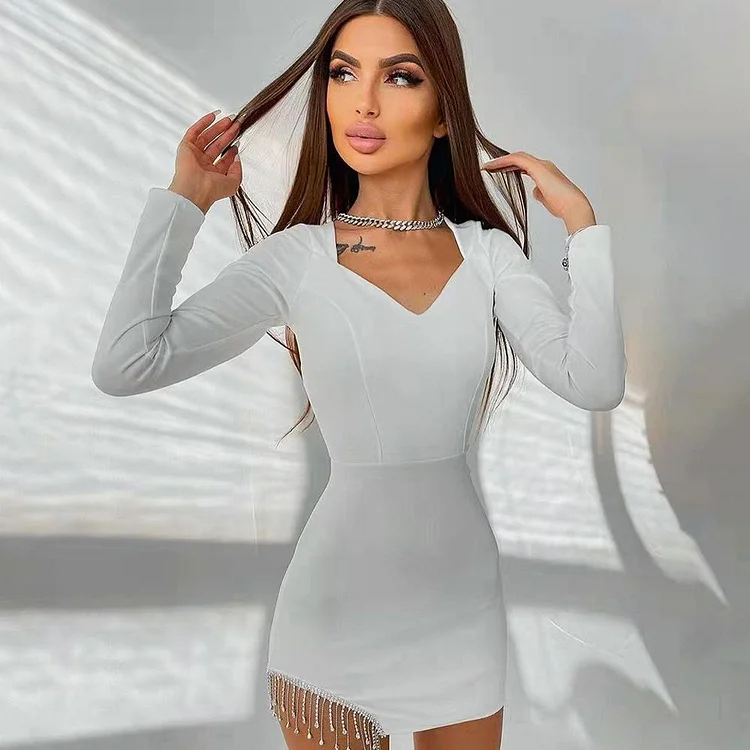 Promsstyle Solid long sleeve tassel mini dress Prom Dress 2023