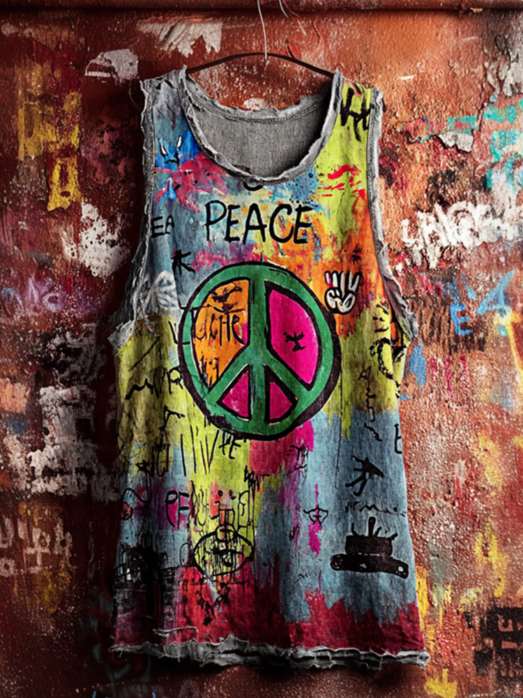 Comstylish Anti-war Theme Graffiti-style Retro Washed Vest