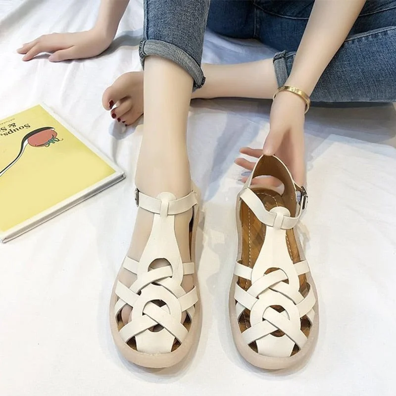 Women Sandals Flats Cross Rome Casual Shoes Summer Pu Ankle Buckle Strap Ladies Shoe 2020 Woman Gladiator Female Fashion