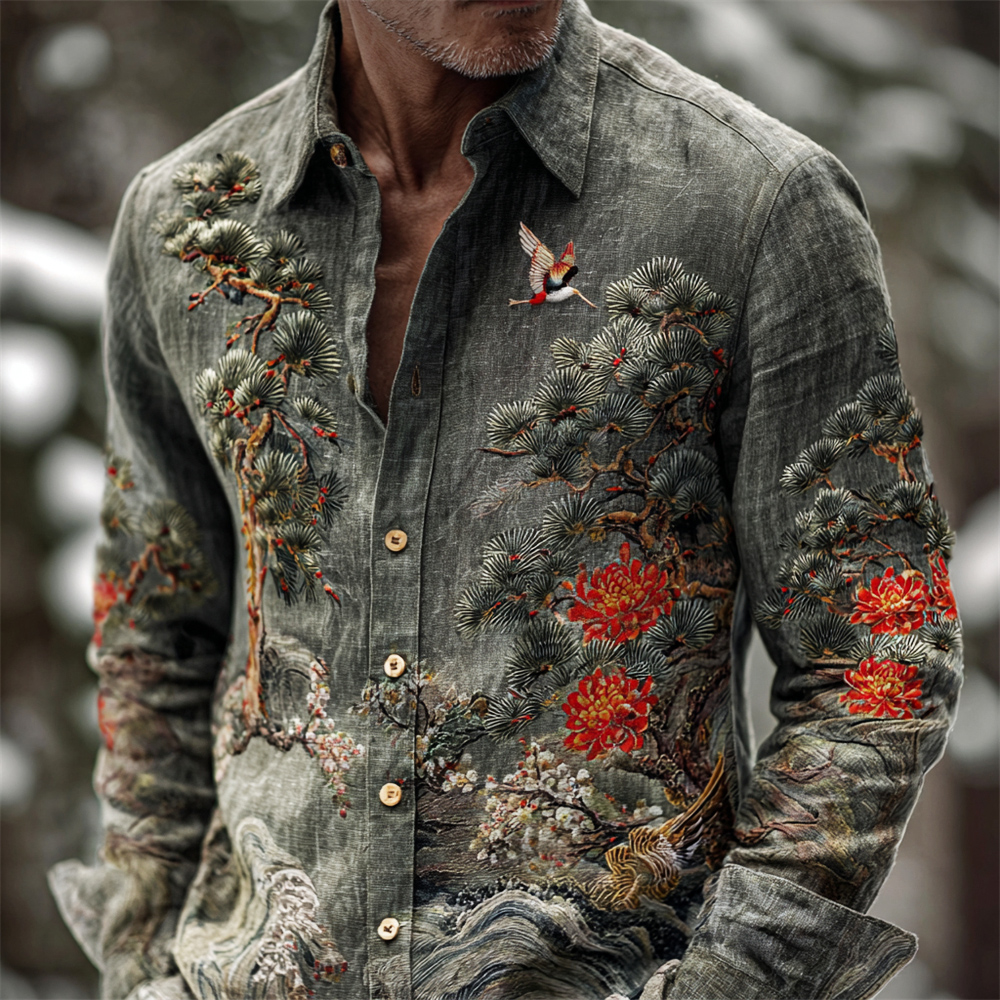 Japanese Pine & Chrysanthemum Embroidery Men's Long Sleeve Shirt  artssus