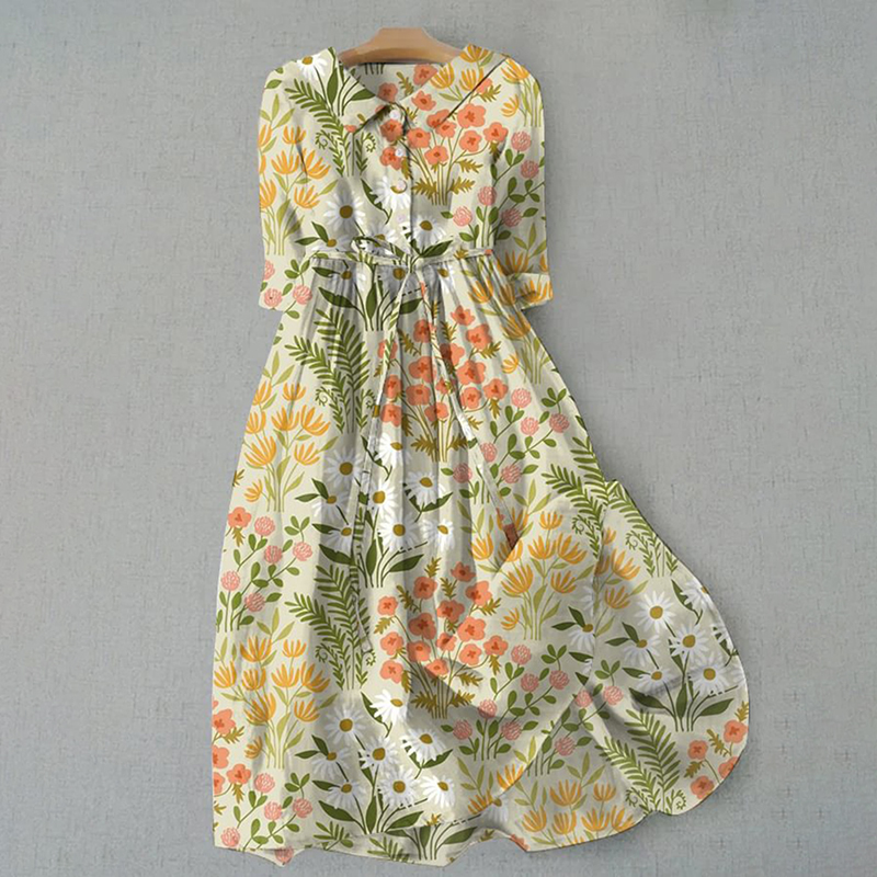 Comstylish Flowers Print Lapel Waist Tie-Up Midi Dress