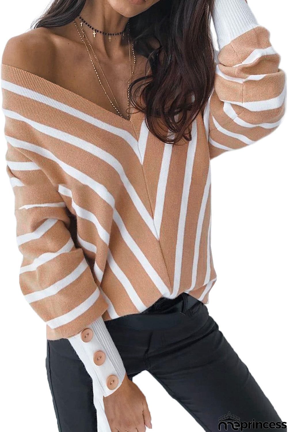 Khaki V Neck Popper Cuff Striped Casual Sweater