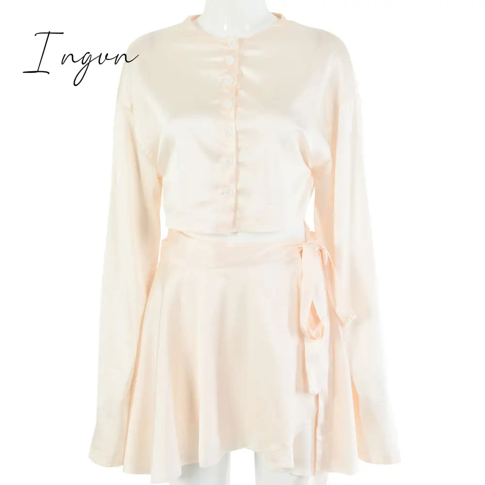 Ingvn - Casual Satin Two Piece Dress Set For Women White O-Neck Button Top Bandage Mini Pencil