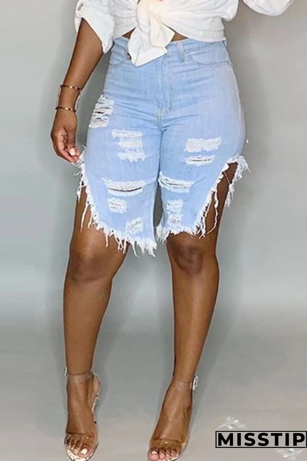 Light Blue Fashion Casual Mid Waist Jeans