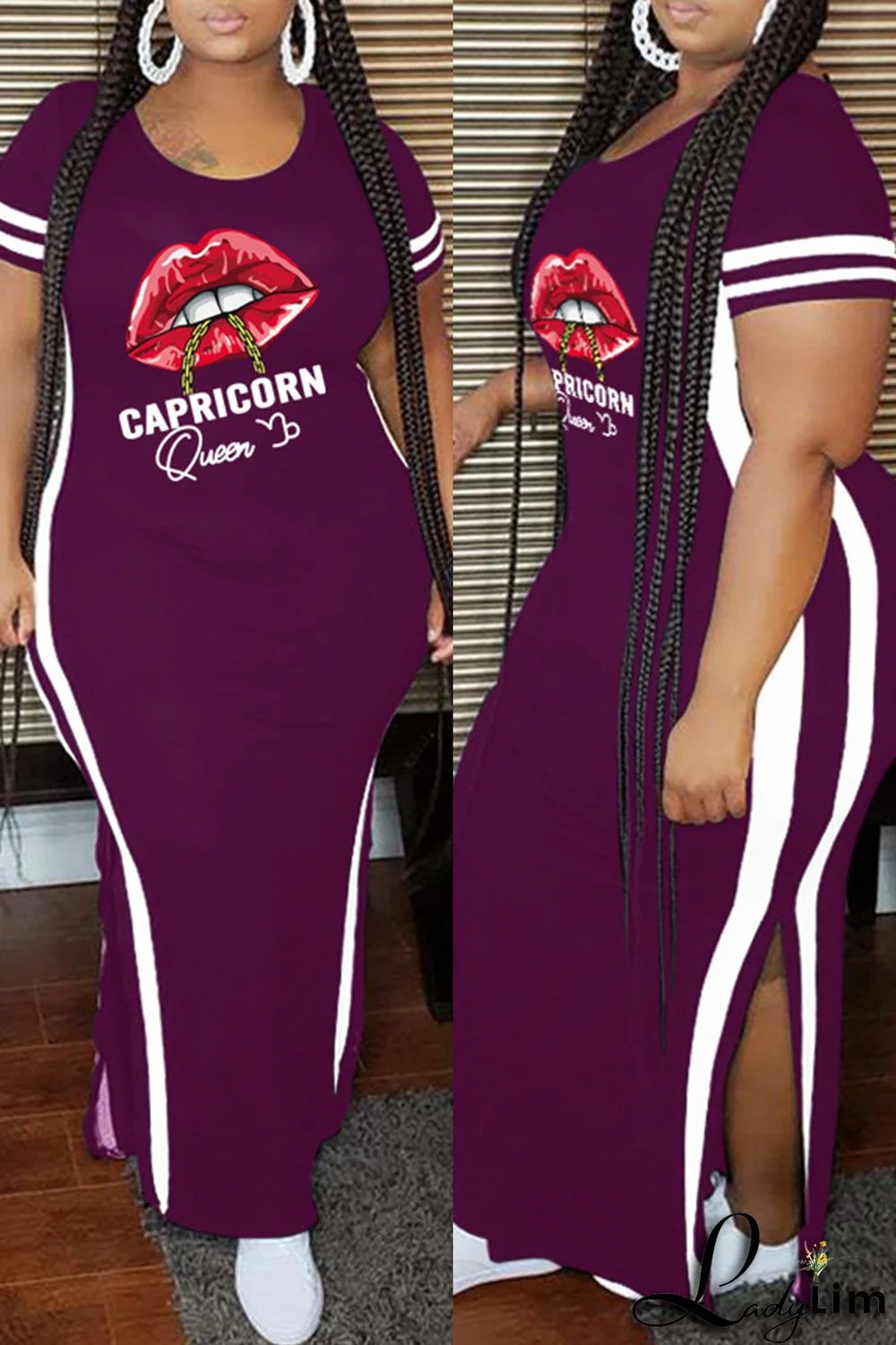 Purple Fashion Casual Plus Size Lips Printed Split Joint Slit O Neck Short Sleeve Dress