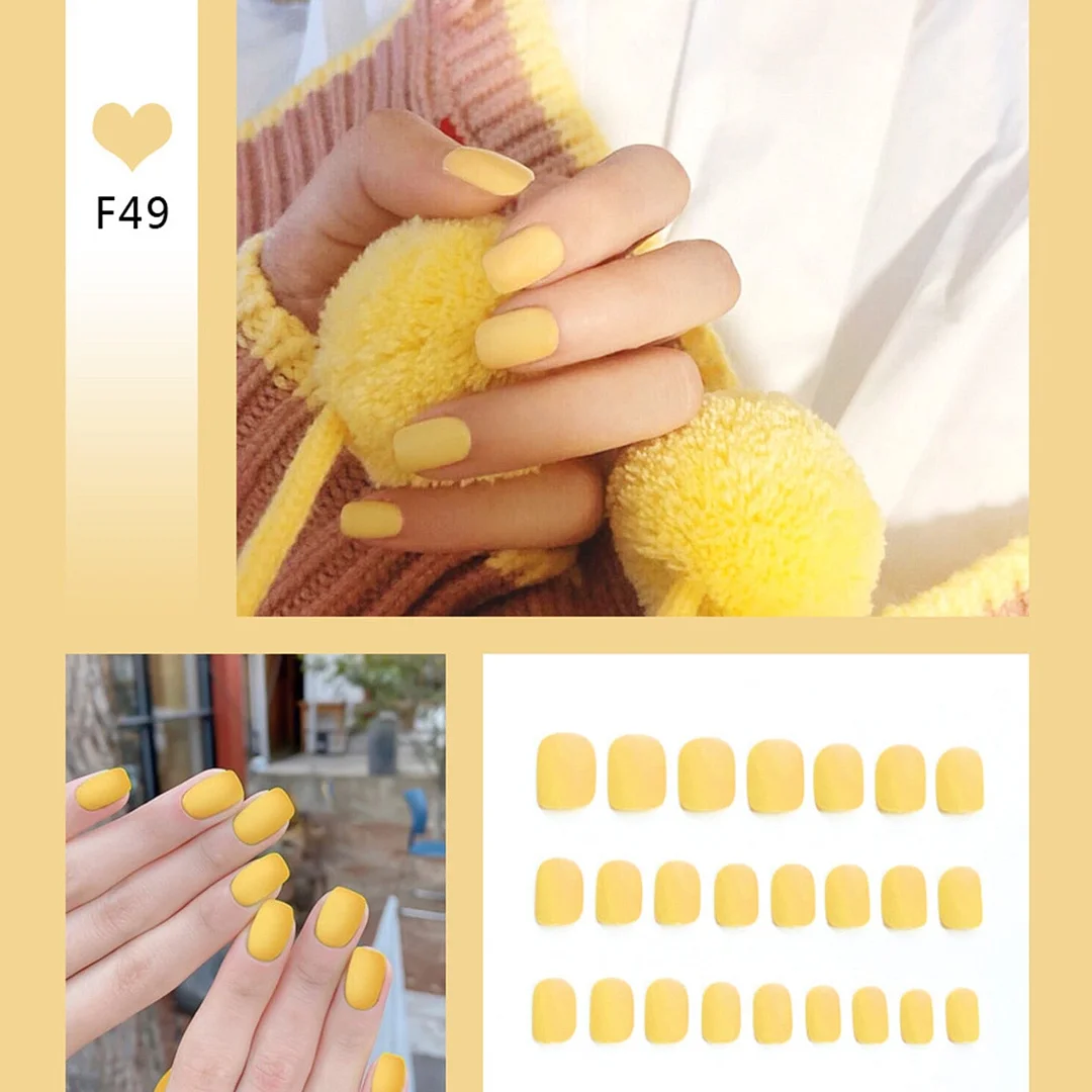 24pcs/box Full Cover fake Press on Nails Matte Yellow Pure Acrylic Frosted Ballerina acrylic for nails for Women free shipping-Nail Inspo