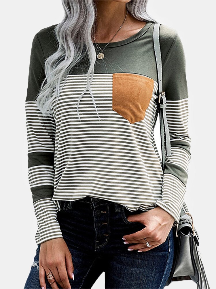 Striped Patchwork Long Sleeve O neck Casual T Shirt For Women P1771845