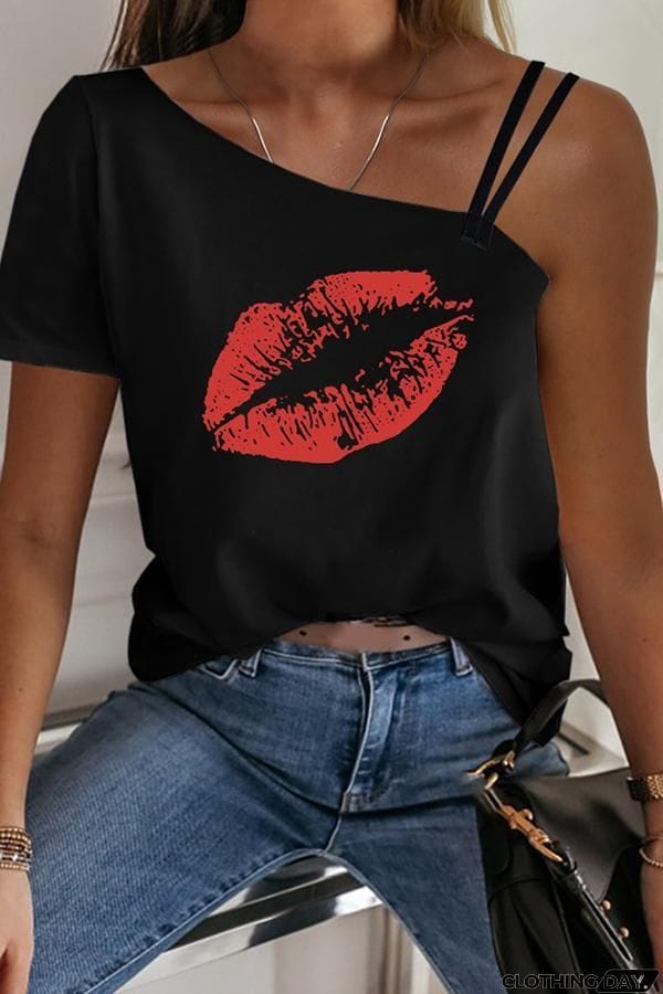 Stylish Lip Printed One Shoulder T-shirt (2 Colors)