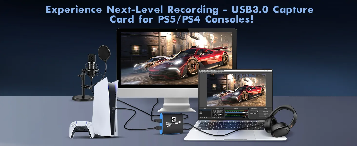 PS5/PS4 USB3.0 4K capture card promo: connects PS5, monitor, laptop, mic, headphones, OBS Streaming