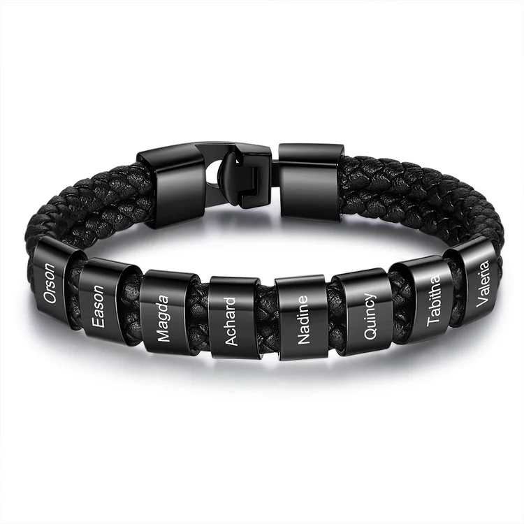 Customized Braided Leather Bracelet Engraved 8 Names Men's Bracelet for Him
