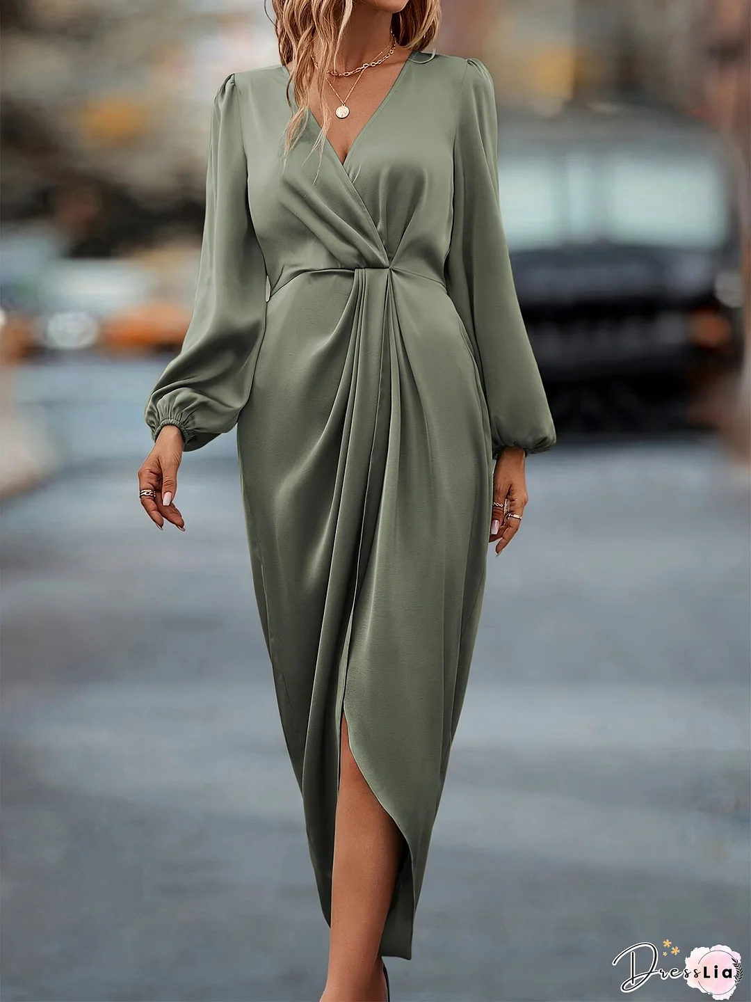 Deep V Neck Slit Hem Knotted Maxi Dress