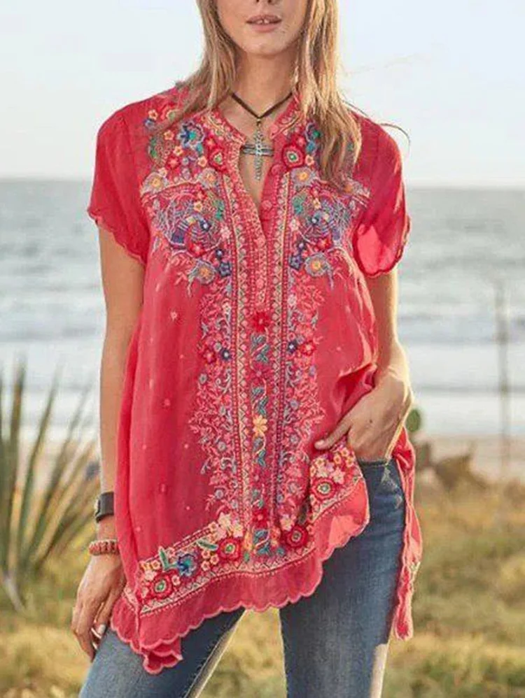 Bohemian V Neck Short Sleeve Floral Print Blouse