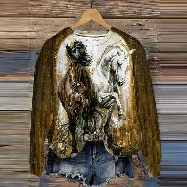 Comstylish Women's Oil Painting Horse Print Sweatshirt