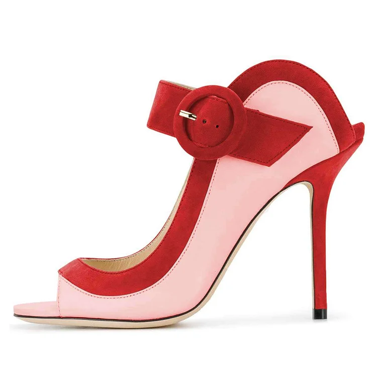 Pink and Red Vegan Suede Buckle Peep Toe Heels Pumps |FSJ Shoes